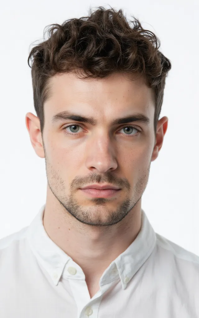 A French male model with a Textured haircut, wearing a shirt, against a white background, in a front   facing bust portrait